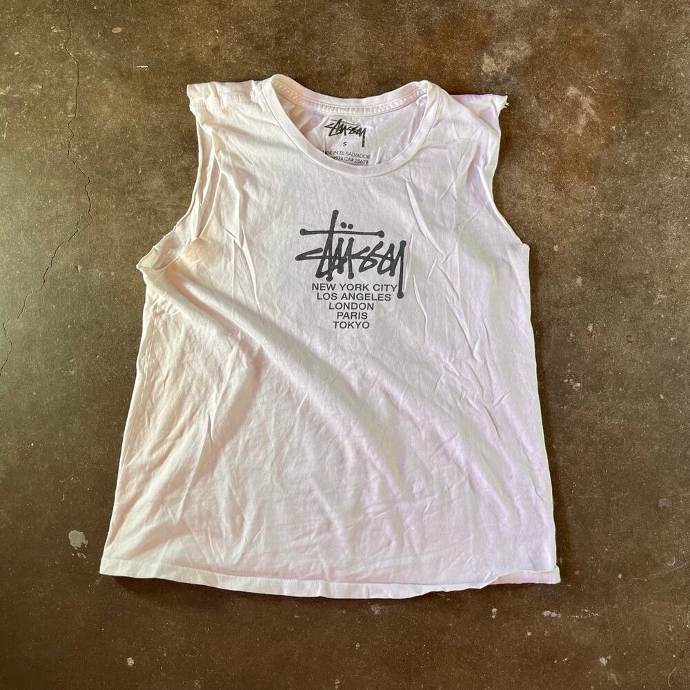 Modern Authentic Cut sleeves Stussy worldwide white graphic Tank-top